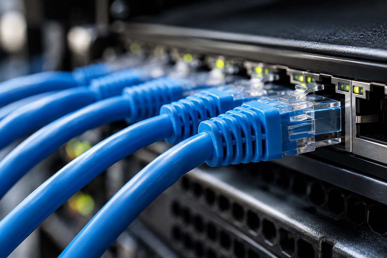 Blue network cables connected to data center switching equipment