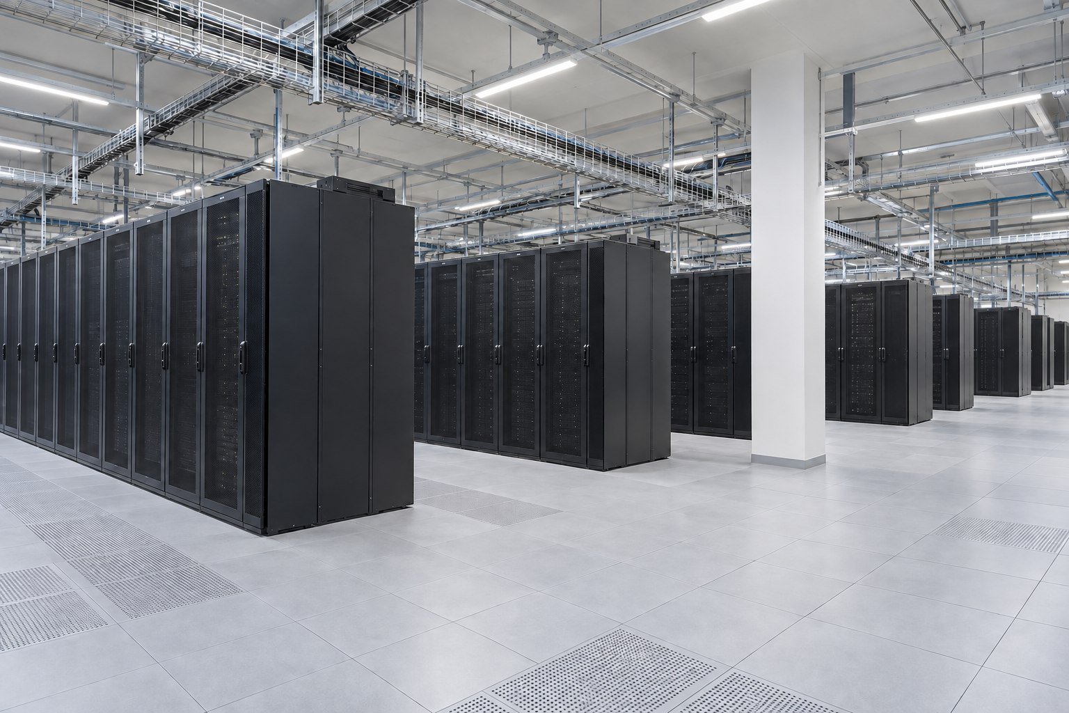 Representative data center floor with multiple rows of enclosed server cabinets