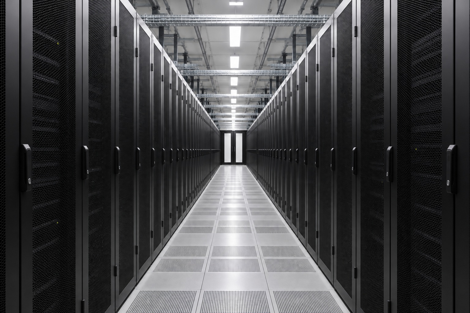Enclosed server cabinets lining a modern data center aisle