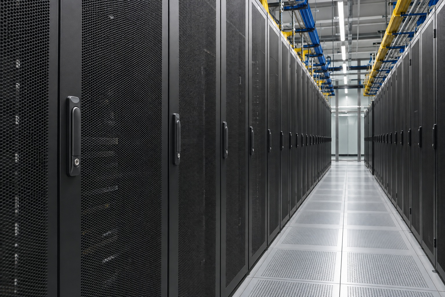 Representative modern data center with closed server cabinet doors